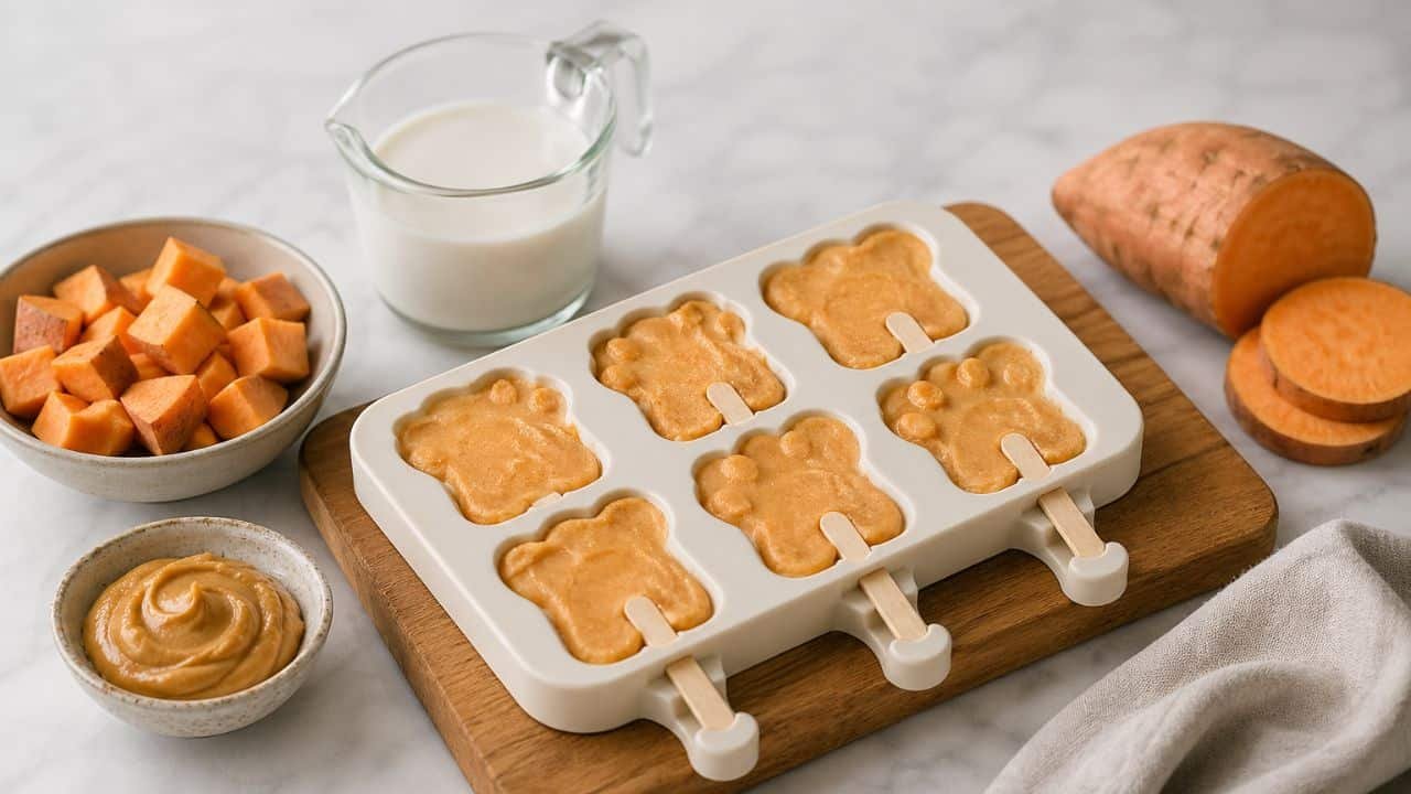Sweet potato coconut pupsicles in silicone mold with natural ingredients on kitchen counter