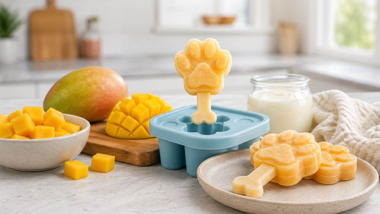 Mango kefir frozen pupsicles with fresh mango chunks on a bright kitchen counter