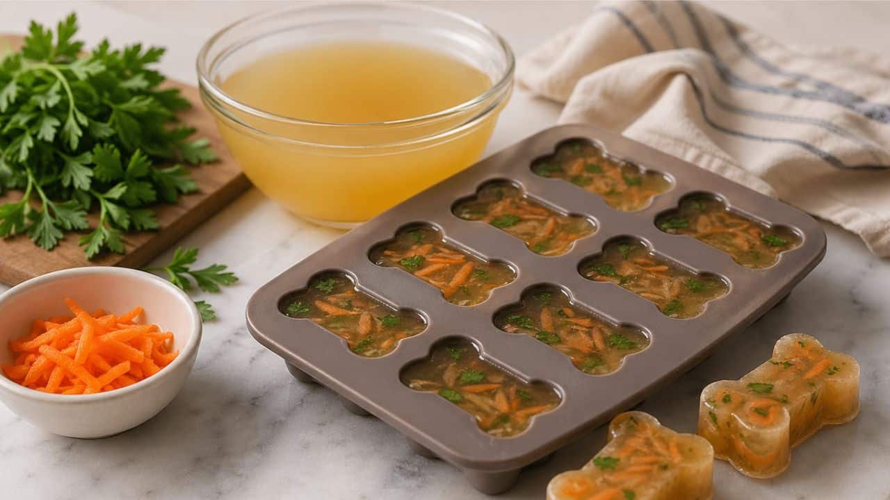 Savory chicken broth pupsicles with carrots and parsley in a bone-shaped mold on a kitchen counter