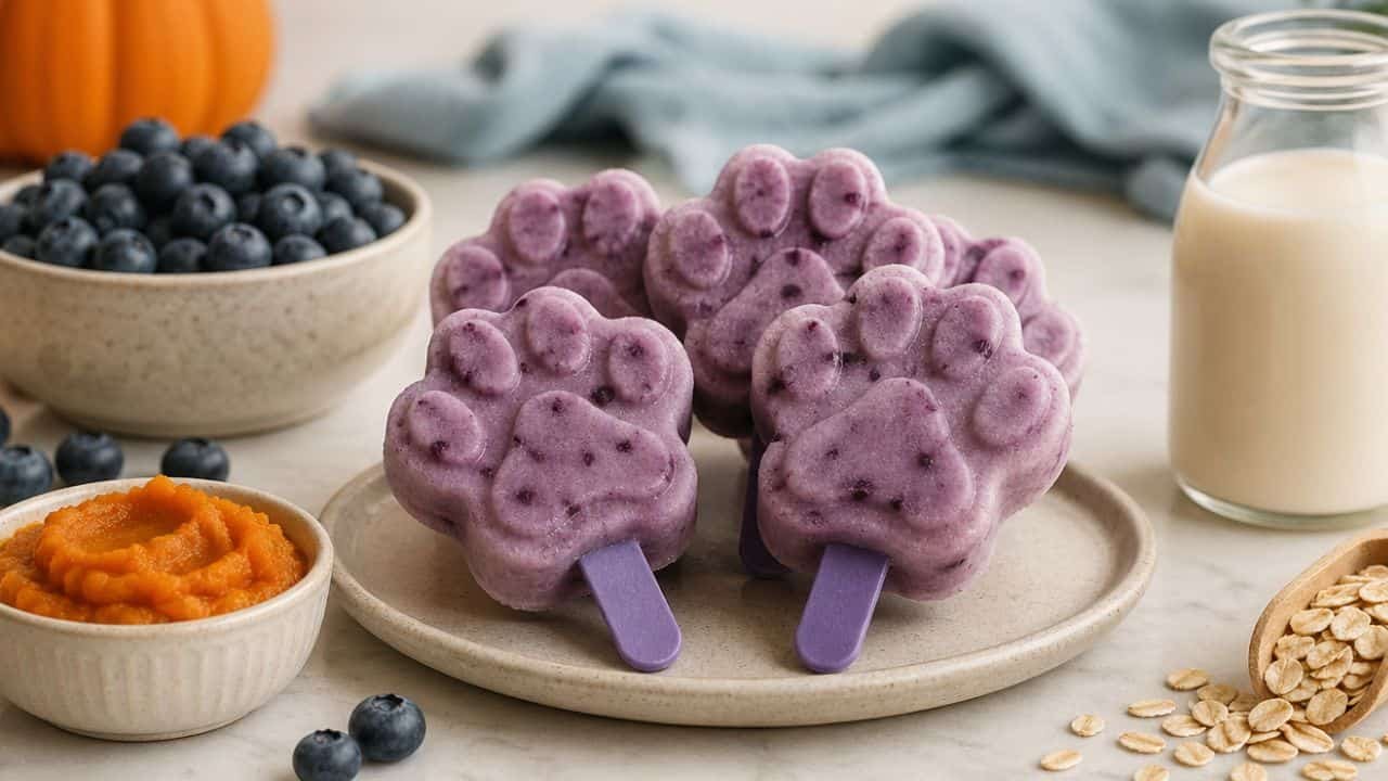 Blueberry pumpkin oat milk frozen pupsicles with fresh ingredients on a plate