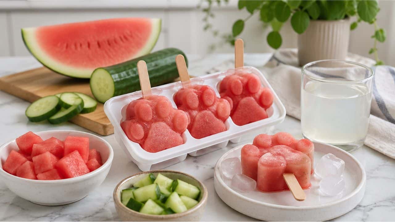 Refreshing watermelon, cucumber, and coconut water pupsicles on a bright kitchen counter with fresh ingredients.