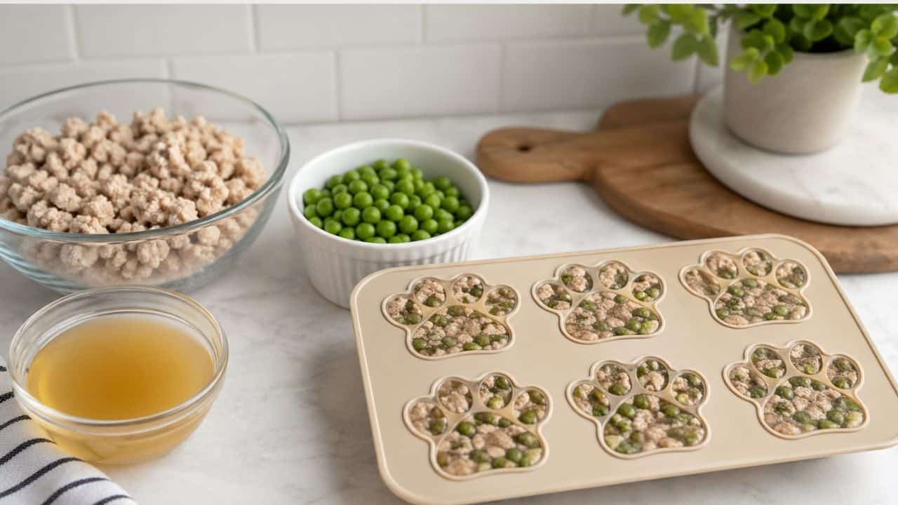 Homemade turkey and pea pupsicle mix in a paw-shaped mold on a clean kitchen counter