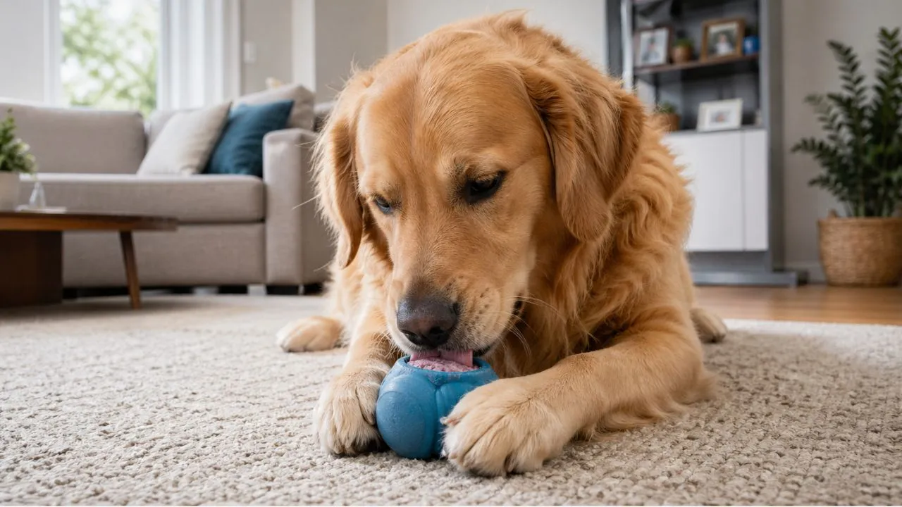 Dog licking frozen pupsicle toy indoors