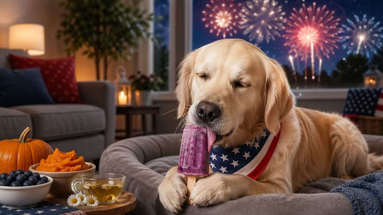 Calm dog licking pupsicle during fireworks indoors
