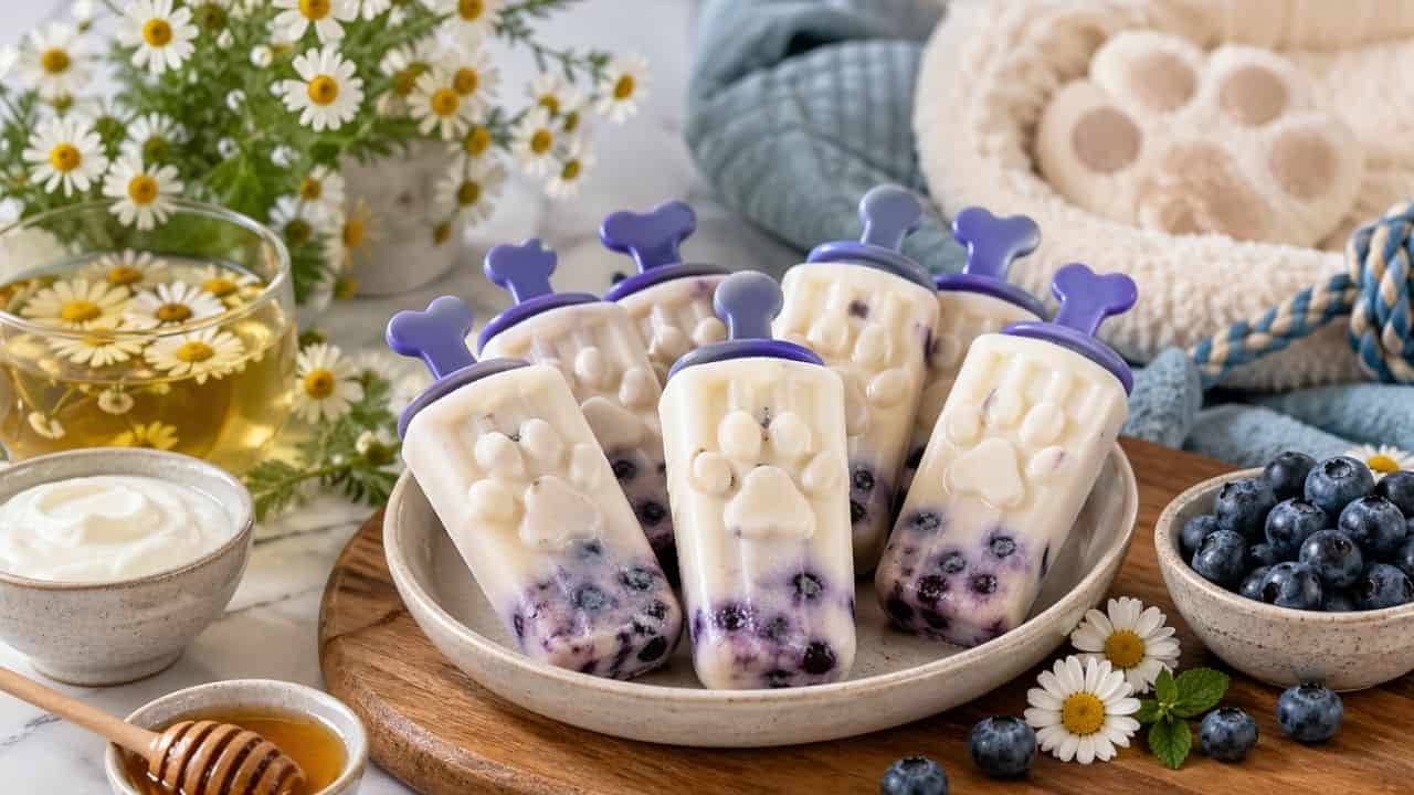 Chamomile blueberry yogurt pupsicles with calming ingredients on a bright kitchen counter