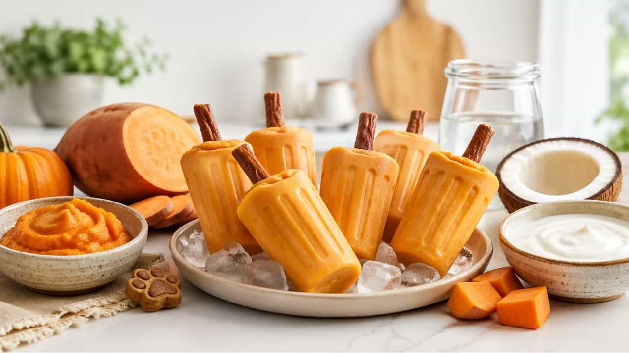 Pumpkin and sweet potato frozen pupsicles with yogurt and coconut ingredients arranged on a kitchen counter