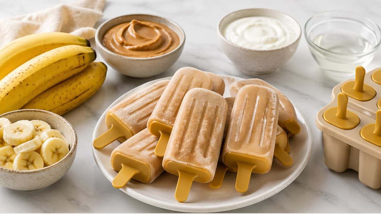 Banana peanut butter frozen pops with ingredients on kitchen counter
