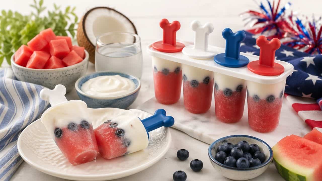 Layered watermelon coconut popsicles with blueberries and yogurt on a bright summer table