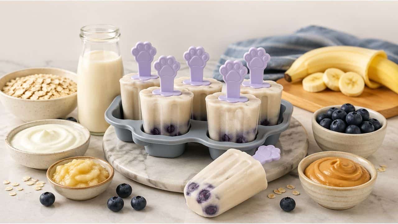 Creamy oat milk and Greek yogurt pupsicles with banana and blueberries in paw-shaped molds, surrounded by fresh ingredients on a clean kitchen surface
