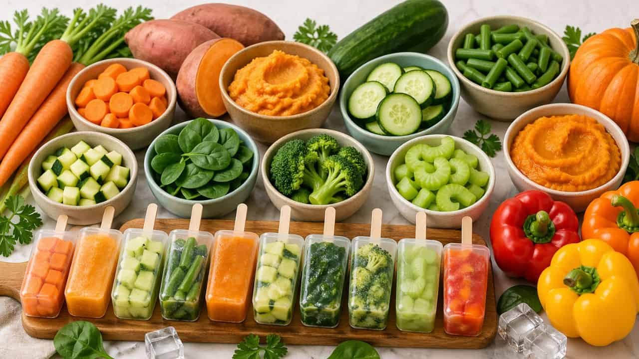 Colorful assortment of dog-safe vegetables and frozen pupsicles arranged on a clean kitchen surface