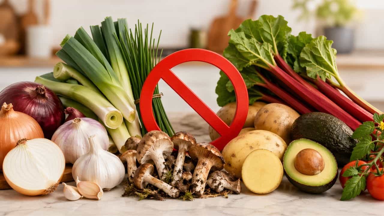 Toxic vegetables for dogs arranged on a kitchen counter with a red prohibition symbol