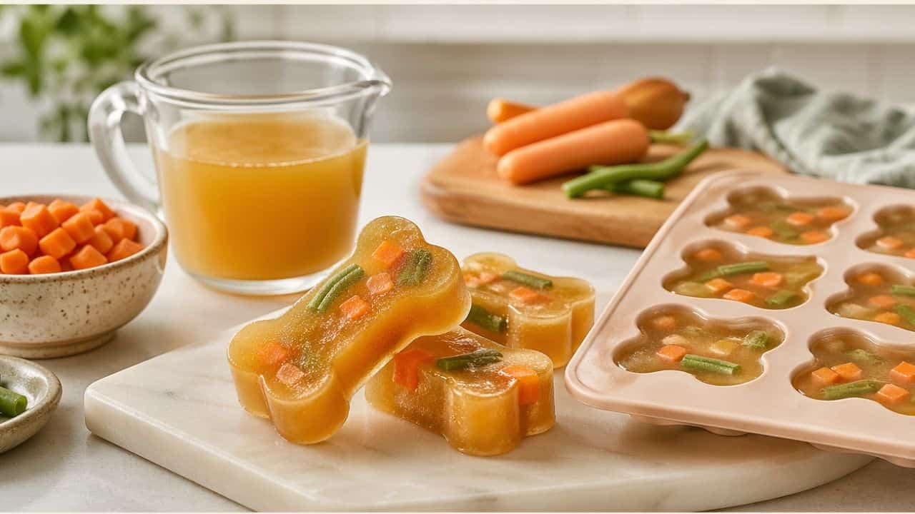 Frozen carrot and broth pupsicles with vegetables in silicone molds on a clean kitchen counter