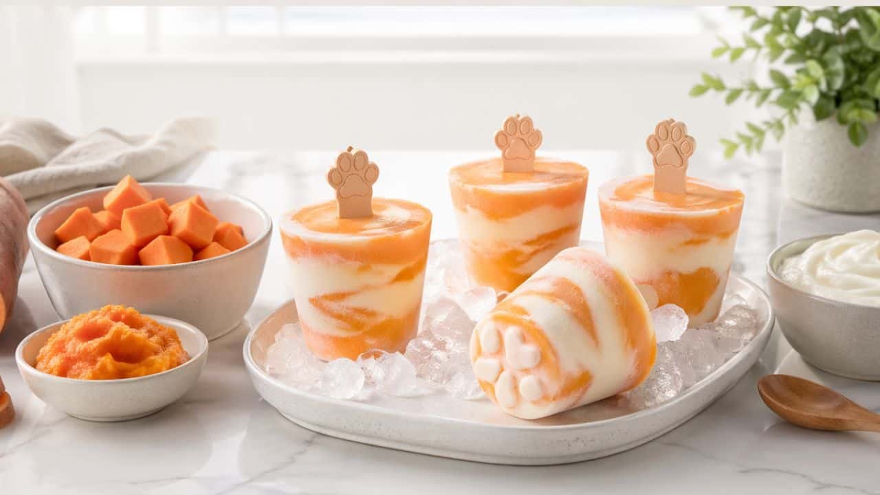 Sweet potato and yogurt pupsicles on ice with fresh ingredients in a bright kitchen scene