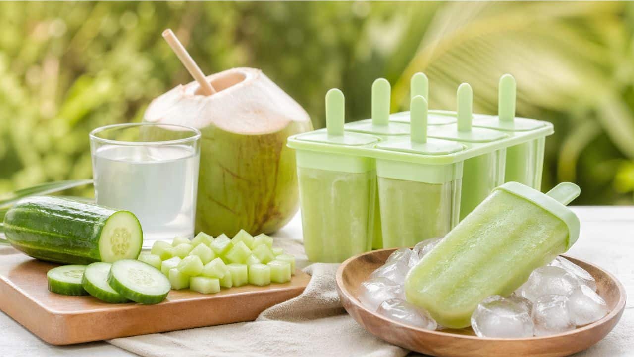 Refreshing cucumber and coconut water popsicles with fresh ingredients on a bright summer surface