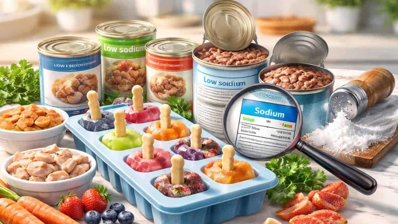 Low-sodium canned dog food with colorful pupsicles and ingredients on a kitchen counter