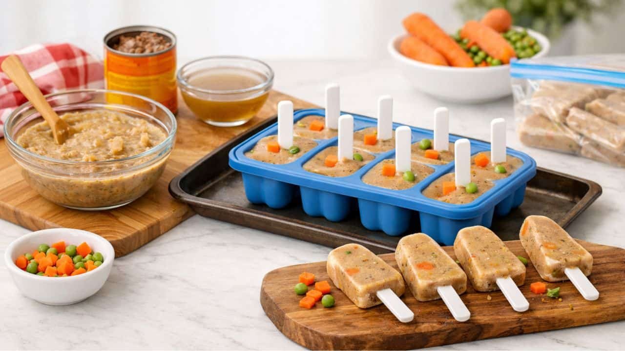 Homemade frozen dog treats in popsicle molds with pumpkin, broth, and veggies on a kitchen counter