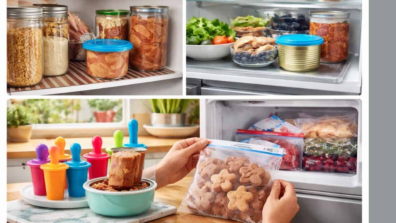Canned dog food storage and pupsicles preparation in kitchen and freezer