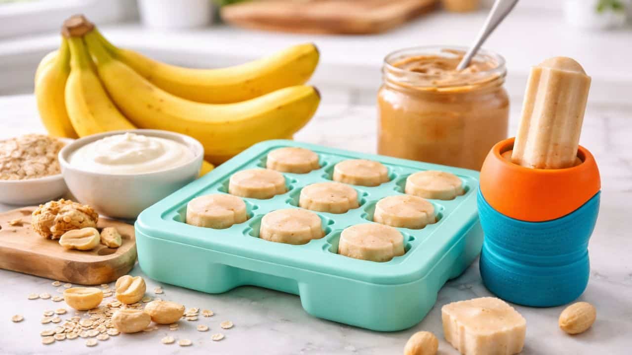 Homemade peanut butter banana frozen dog treats in silicone mold with fresh ingredients on kitchen counter
