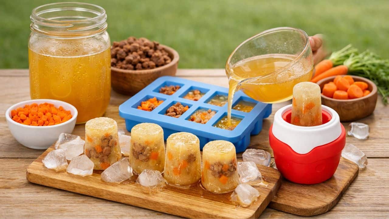 Homemade frozen bone broth dog treats with carrots and meat in molds on a wooden table outdoors
