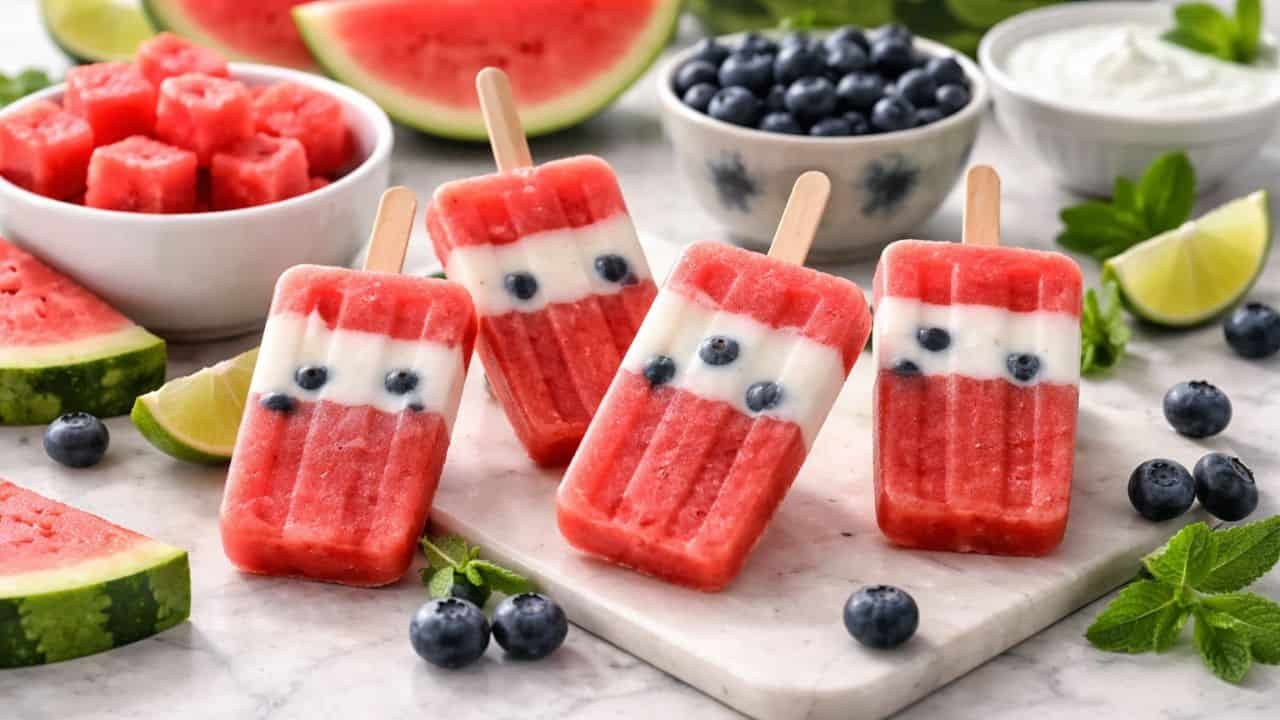 Refreshing watermelon yogurt pops with blueberries on a marble surface
