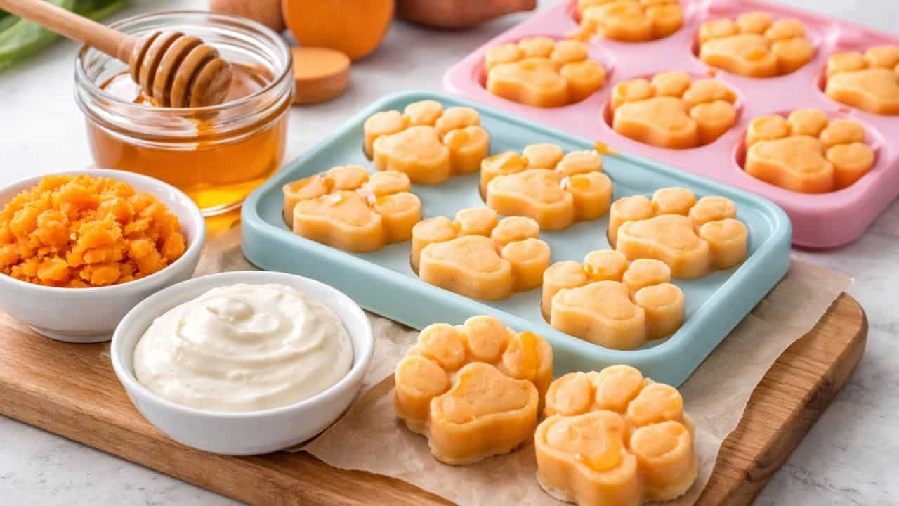 Sweet potato and yogurt frozen treats in silicone molds with honey and fresh ingredients on a marble surface
