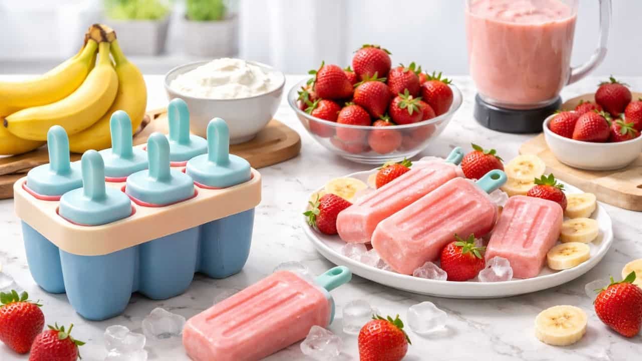 Strawberry banana yogurt popsicles with fresh fruit and mold on marble surface
