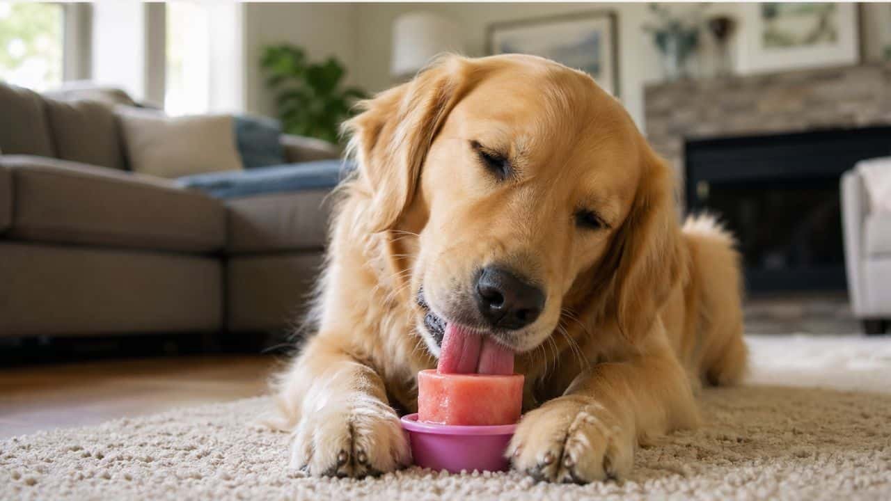 Dog calmly licking a frozen pupsicle treat on a cozy living room floor
