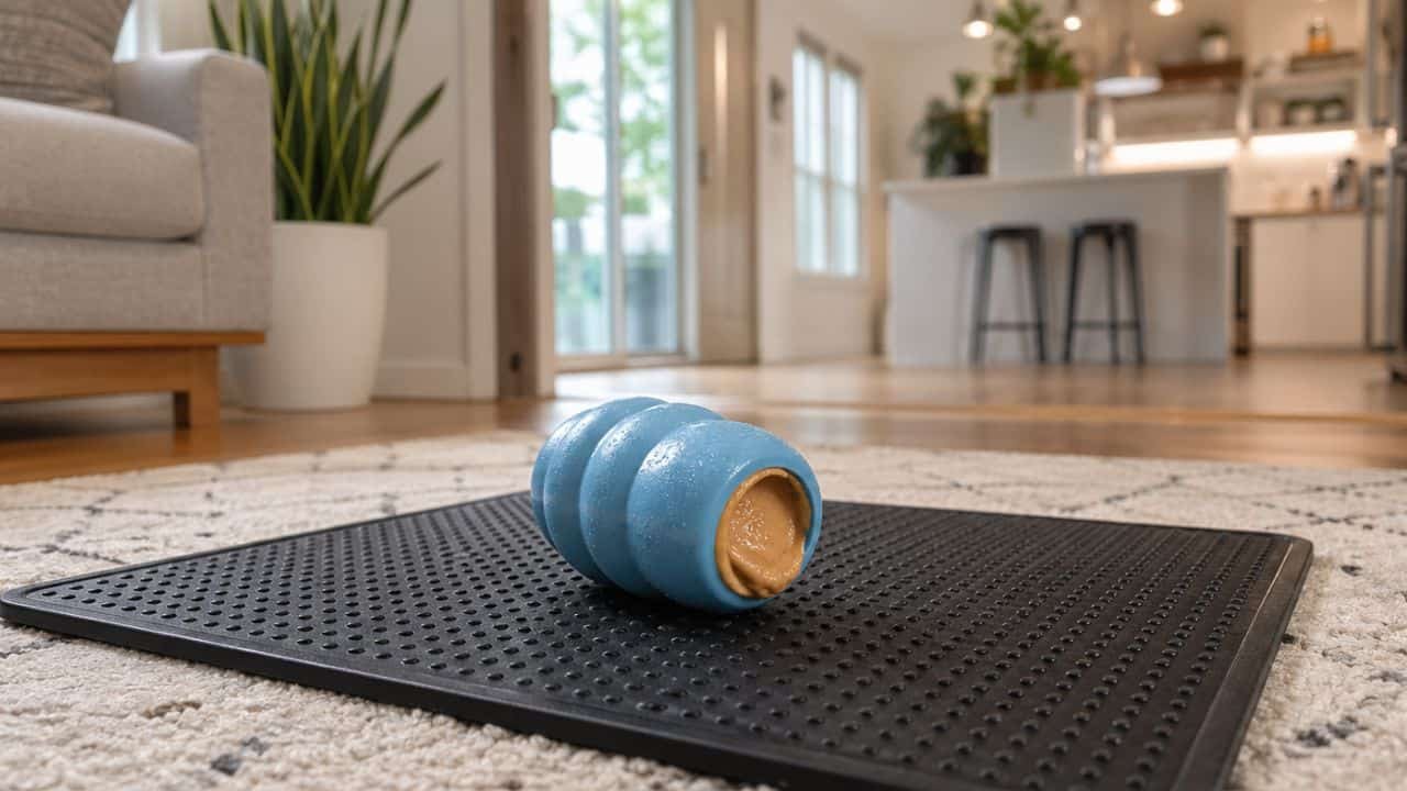 Frozen pupsicle toy on rubber mat in a bright modern living room
