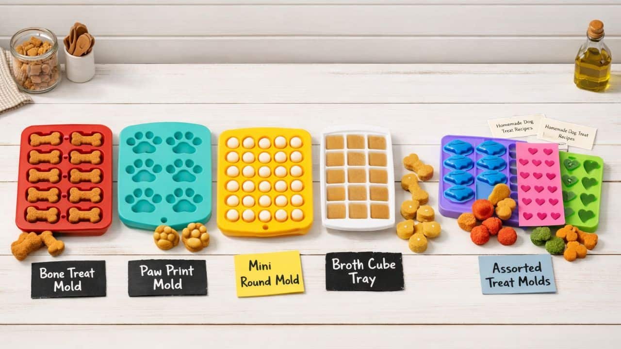 Five different silicone dog treat molds including bone, paw, mini round, ice cube tray, and bundle set