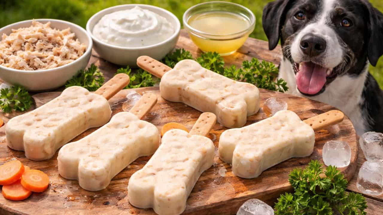 Homemade chicken yogurt dog popsicles on a wooden board with a happy dog nearby