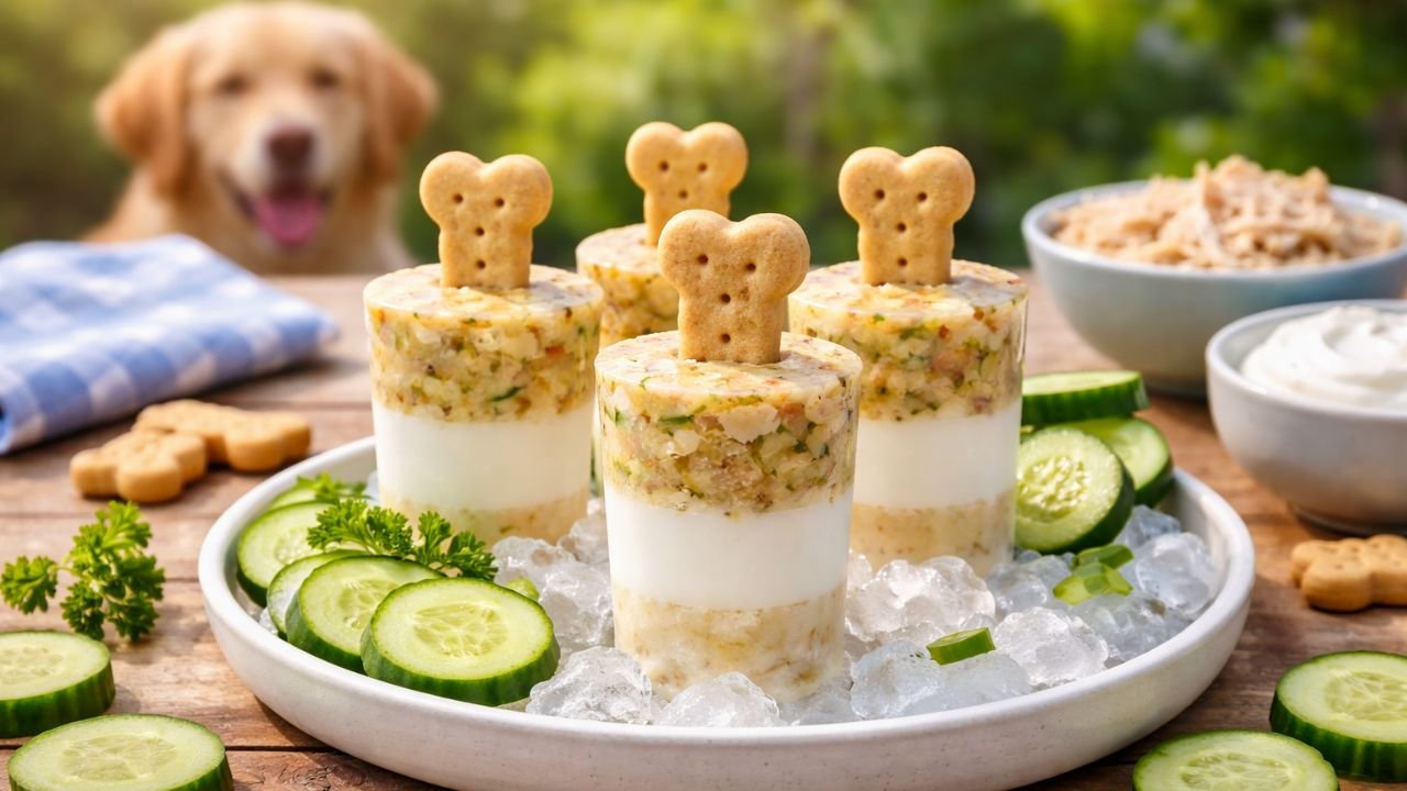 Layered chicken and yogurt dog popsicles with cucumber slices on a plate, golden retriever in background