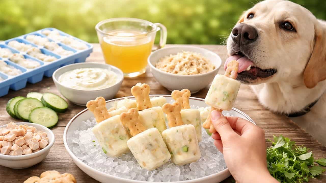 Dog enjoying homemade chicken yogurt pupsicle on a summer day