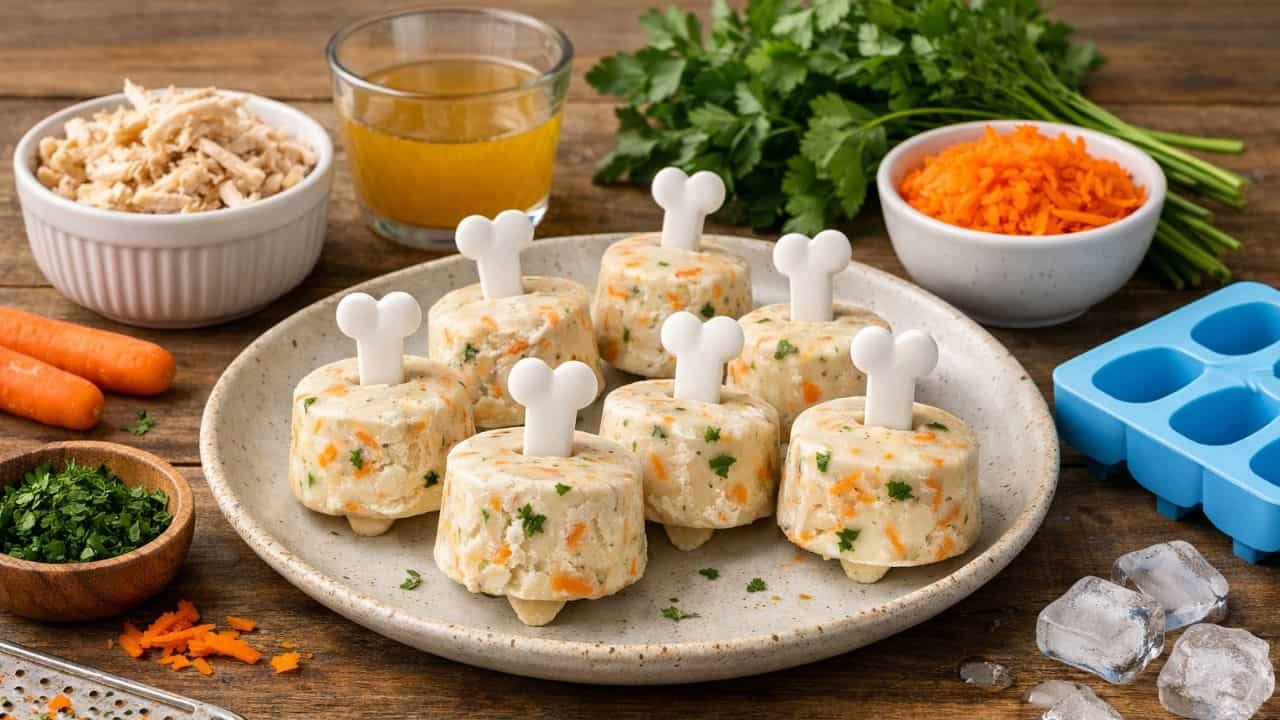 Homemade chicken, yogurt, and carrot pupsicles on a plate with fresh ingredients around them