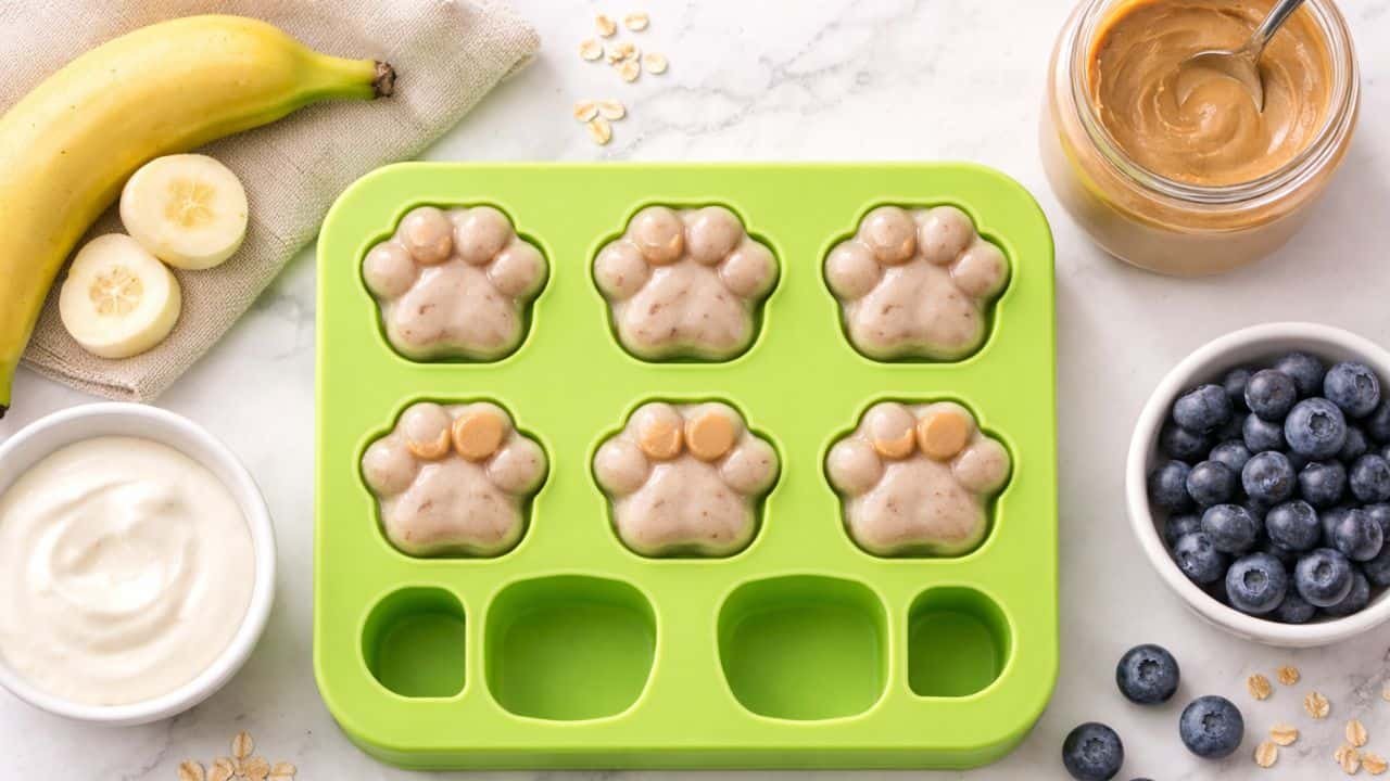 Homemade frozen dog pupsicle treats in silicone paw mold tray with banana yogurt blueberries and peanut butter