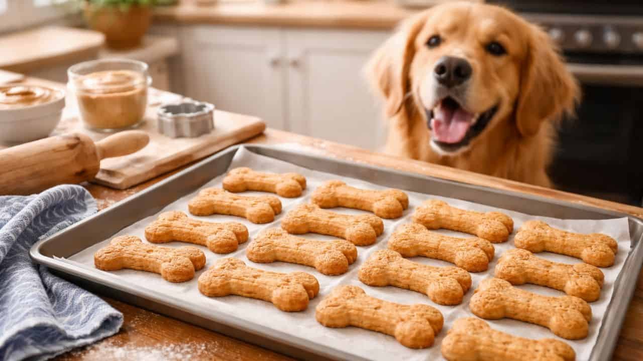 Freshly baked homemade dog biscuits on a tray in a cozy kitchen
