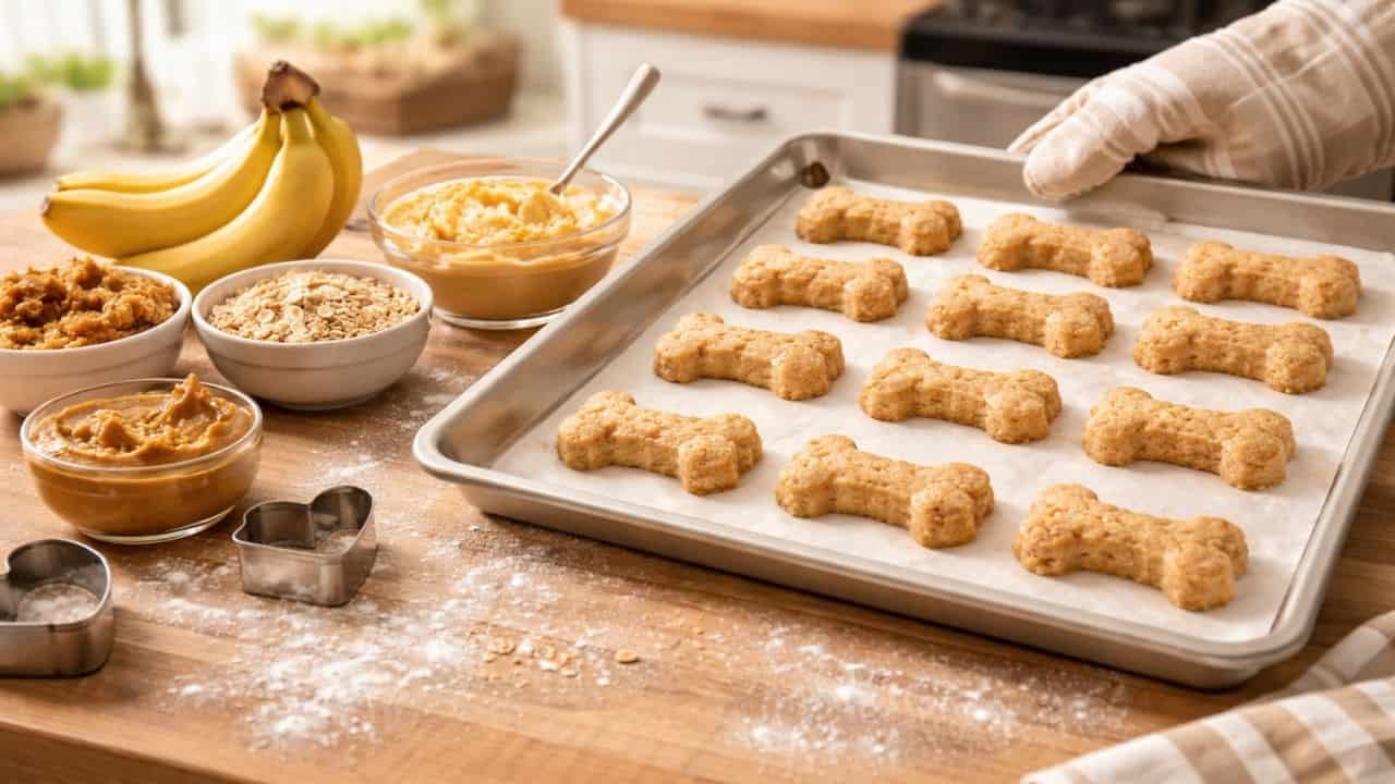 Soft homemade dog treats baking on a tray with oats, banana, and peanut butter ingredients in a warm kitchen scene
