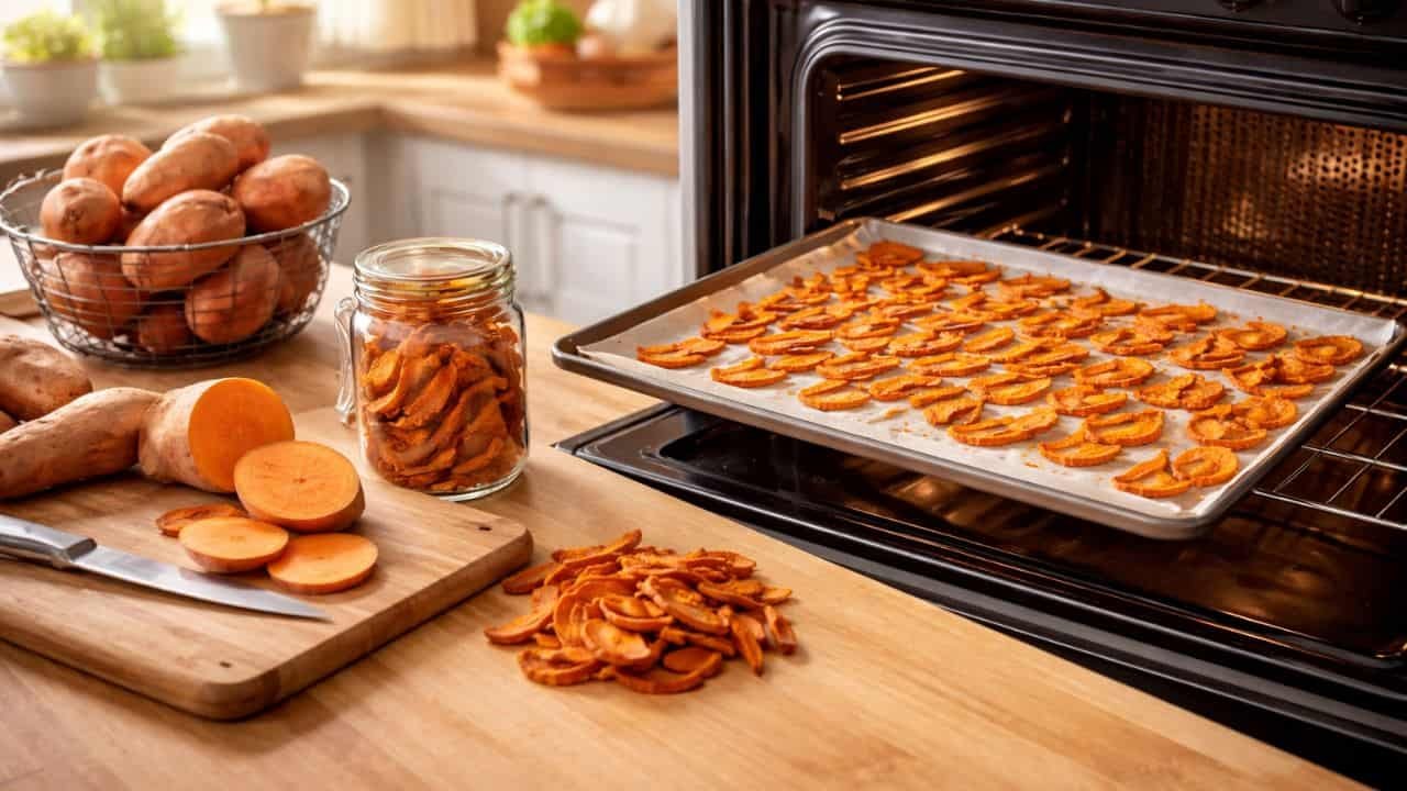 Homemade sweet potato slices slowly dehydrating on a baking tray in an oven, with fresh slices and finished chews on a kitchen counter.
