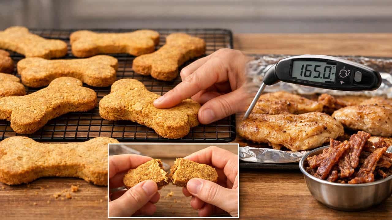 Freshly baked dog treats showing golden color, firm texture test, clean snap break, and meat thermometer reading 165°F in cooked chicken.
