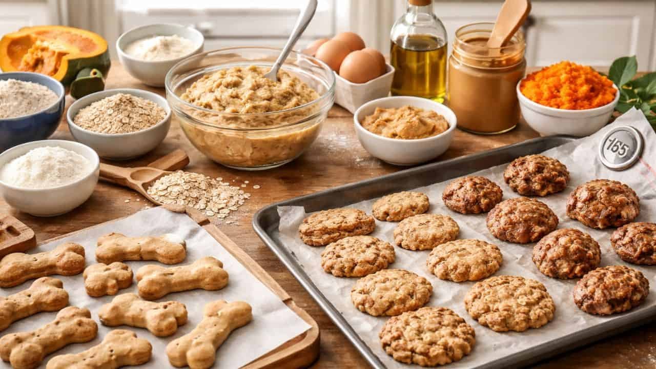 Baking ingredients and dog treats on kitchen counter
