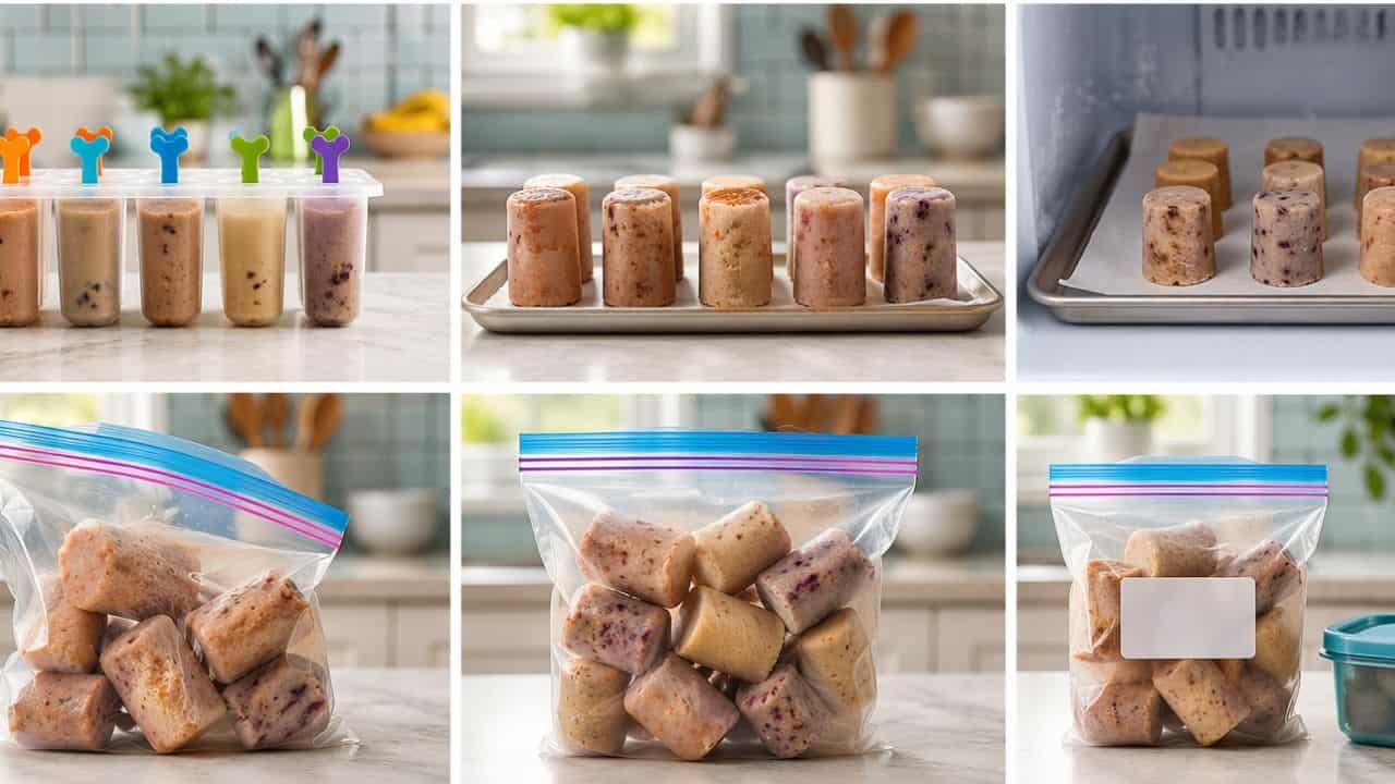 Homemade pupsicles being flash frozen and stored in freezer bags and containers in a clean kitchen setting

