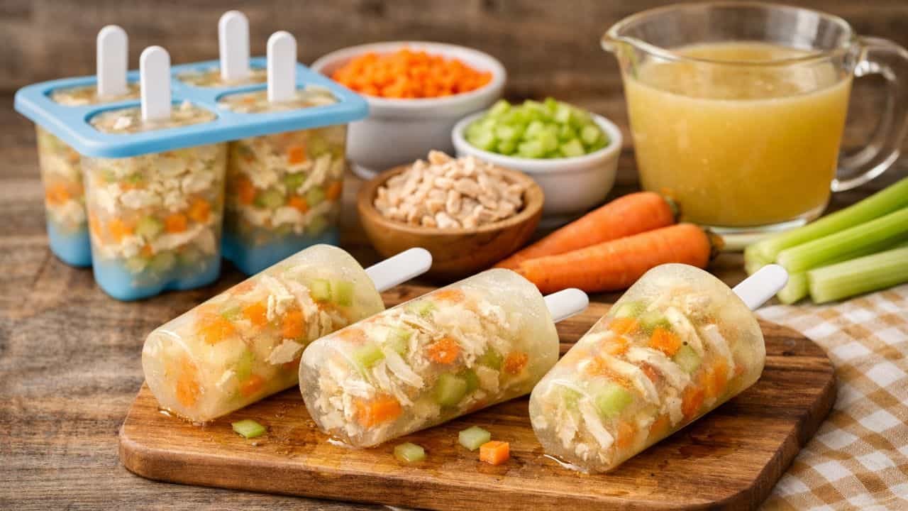Homemade frozen chicken broth pupsicles with shredded chicken and vegetables on a rustic wooden surface.
