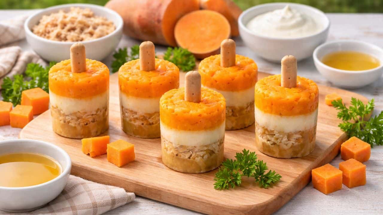 Layered chicken and sweet potato frozen pupsicles with visible ingredients on a wooden board outdoors
