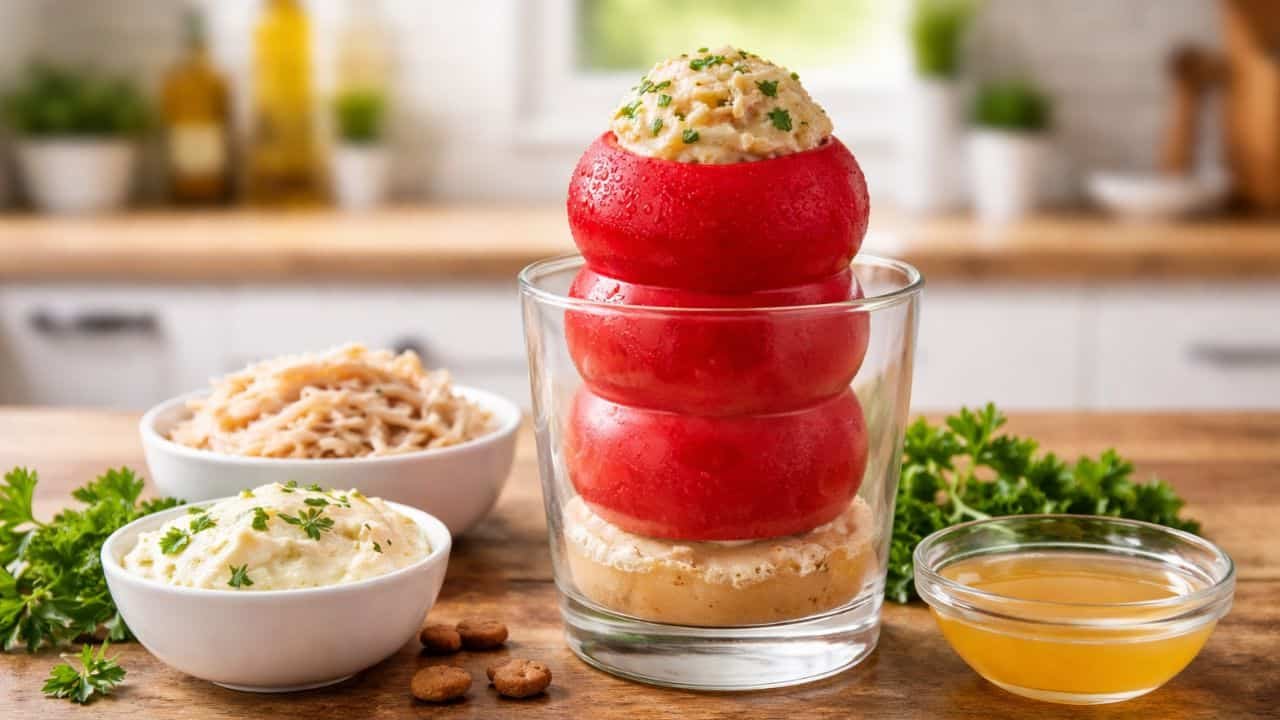 Chicken and cream cheese stuffed Kong toy with fresh ingredients on a kitchen counter
