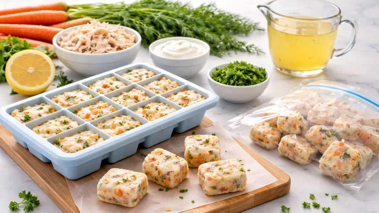 Frozen chicken, carrot, and parsley pupsicle bites in an ice cube tray with fresh ingredients on a kitchen counter
