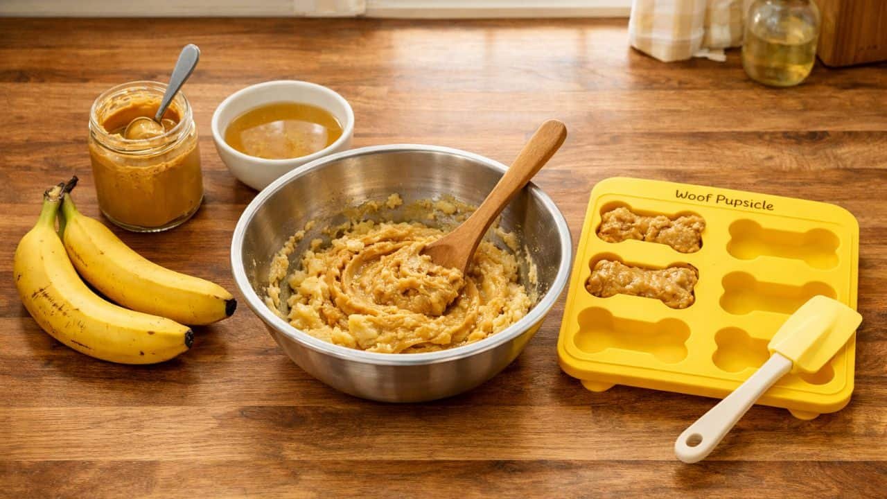 Peanut butter and banana mixture being spooned into a Woof Pupsicle treat tray to make frozen dog treats