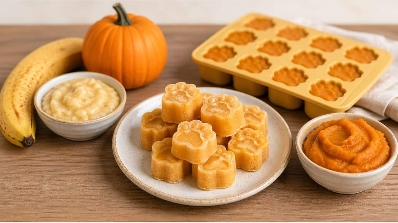 Banana and pumpkin frozen pupsicles with fresh ingredients on a wooden table