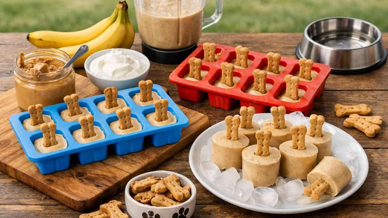 Dog-friendly peanut butter banana pupsicles with biscuit sticks on a rustic table
