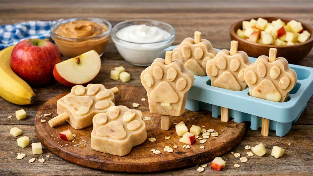 Peanut butter and apple pupsicles with fresh fruit and yogurt on a rustic wooden table