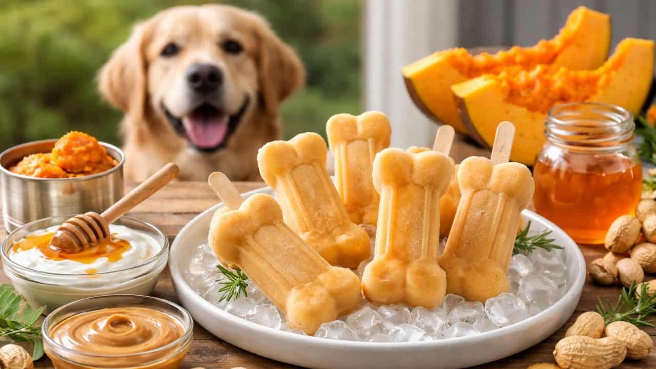 Frozen peanut butter pumpkin yogurt pupsicles with happy dog in background
