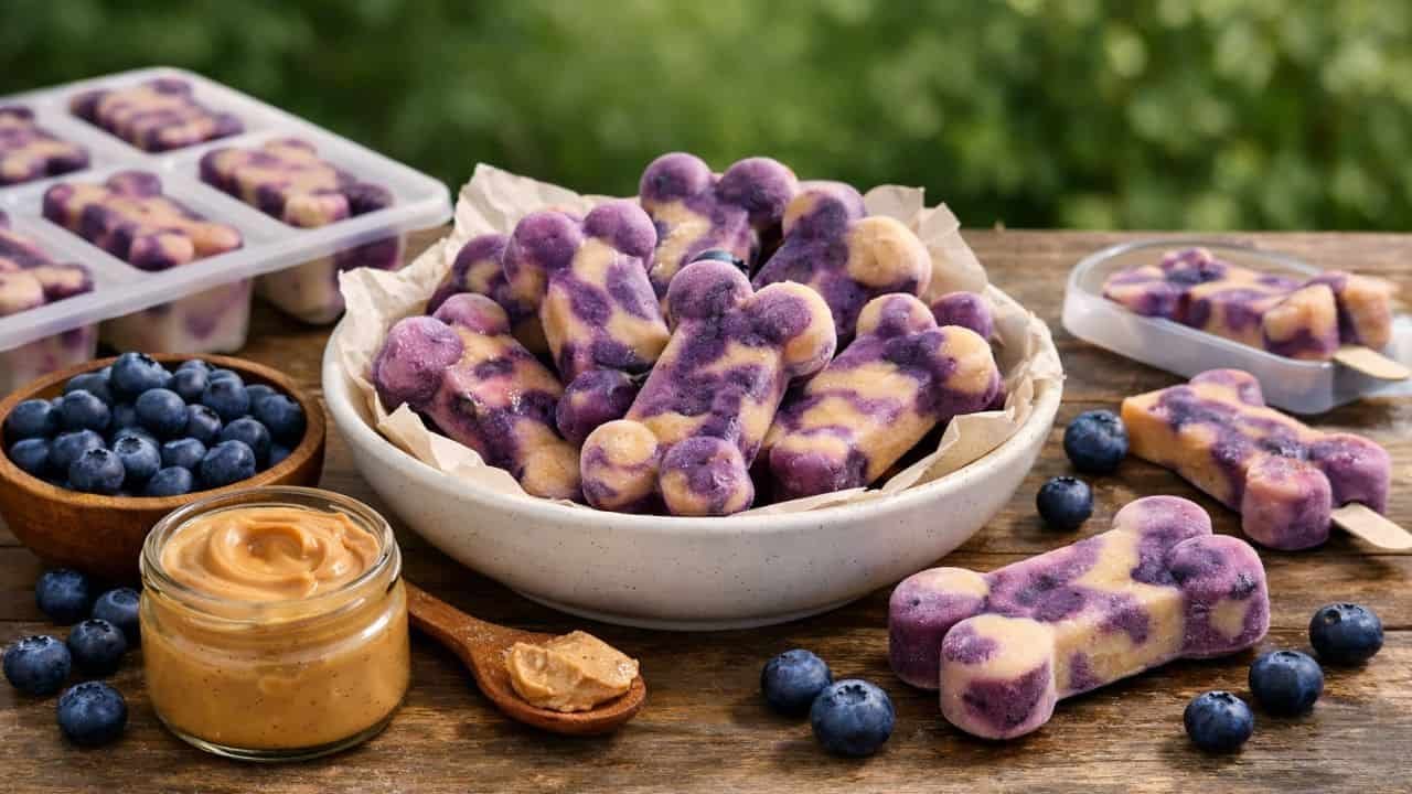 Peanut butter and blueberry swirl pupsicles for dogs on a rustic table with fresh ingredients
